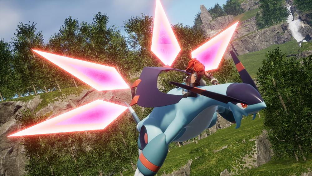 A human with red hair riding atop a flying blue creature that has four red, glowing spike things floating around it.