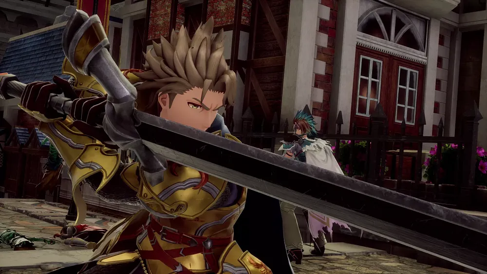 A spiked haired soldier readying a long sword for attack.