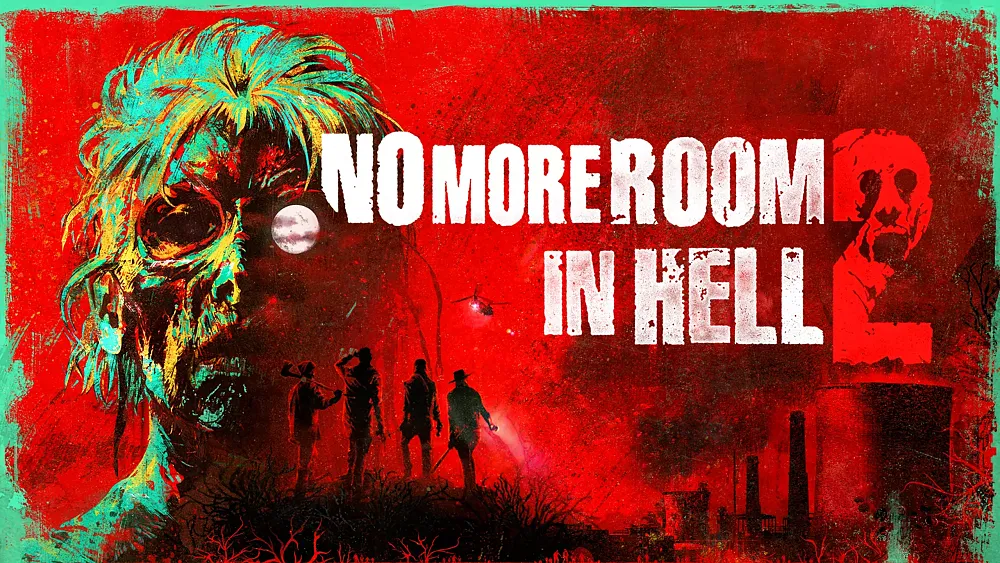 Key art for No More Room in Hell 2 showing a zombie on the left and the title on the right, both over a very bright red background.