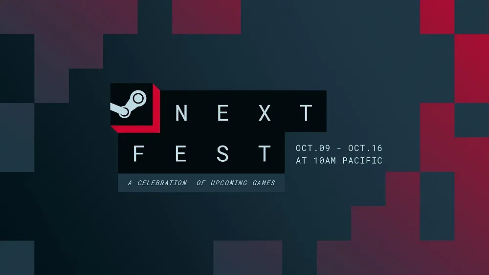 Text: Next Fest - A celebration of upcoming games. October 09 - October 16 at 10AM Pacific.