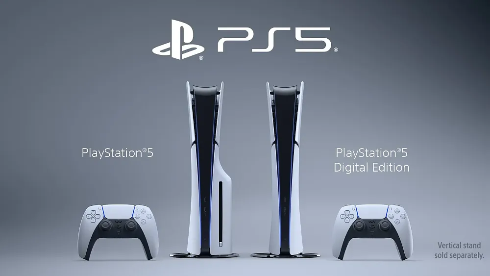 Slimmer looking PS5 consoles for both the regular PS5 and Digital Edition. Plus two DualSense controllers are depicted.