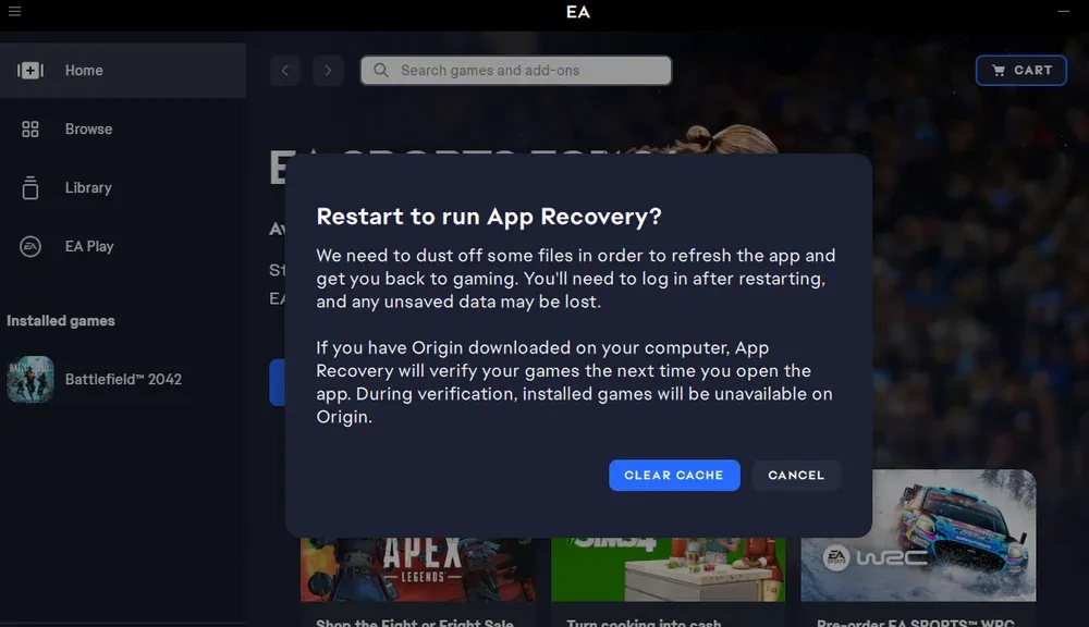 Dialogue box asking the user if they want to clear the cache for the EA app to fix a Battlefield issue.
