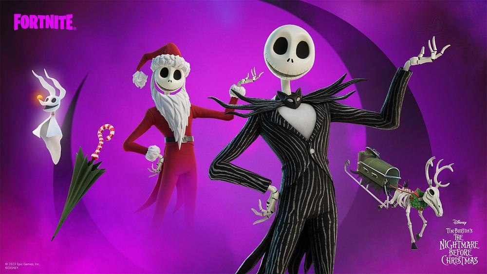 Jack Skellington in two different outfits, plus accessories, as seen in the Fortnite Halloween 2023 update.