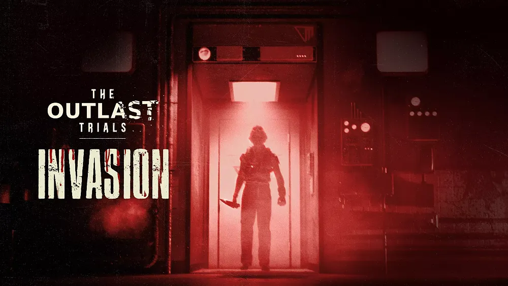 Art showing the silhouette of a person with a knife promoting the new PvP Invasion Mode for The Outlast Trials.
