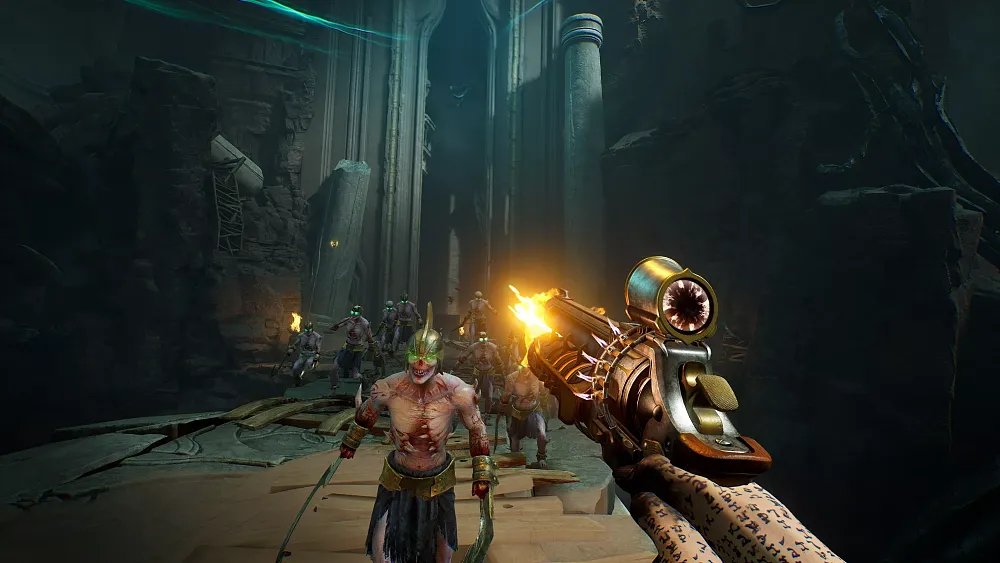 A first-person view of someone using a revolver-type weapon against some demonic foes.