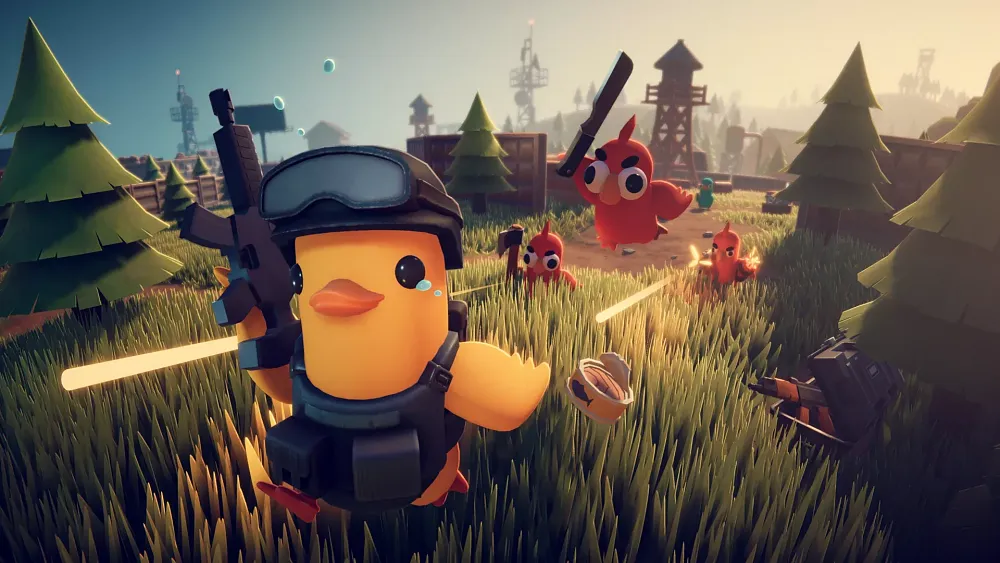 Art showing a group of armed red birds chasing a duck armed with a rifle and combat gear that is trying to run away.