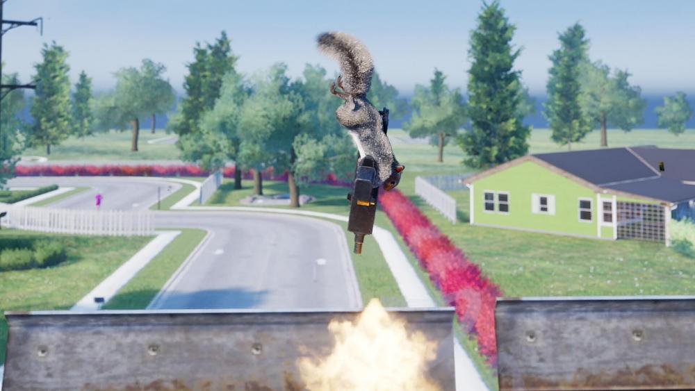 A squirrel shooting an Uzi down to propel itself into the air.