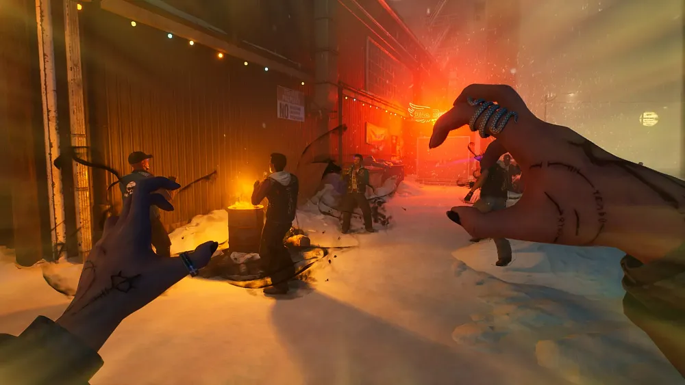 Screenshot of a first-person view where you are a vampire and stalking some prey, in this case it appears to be some homeless people standing around a barrel fire.