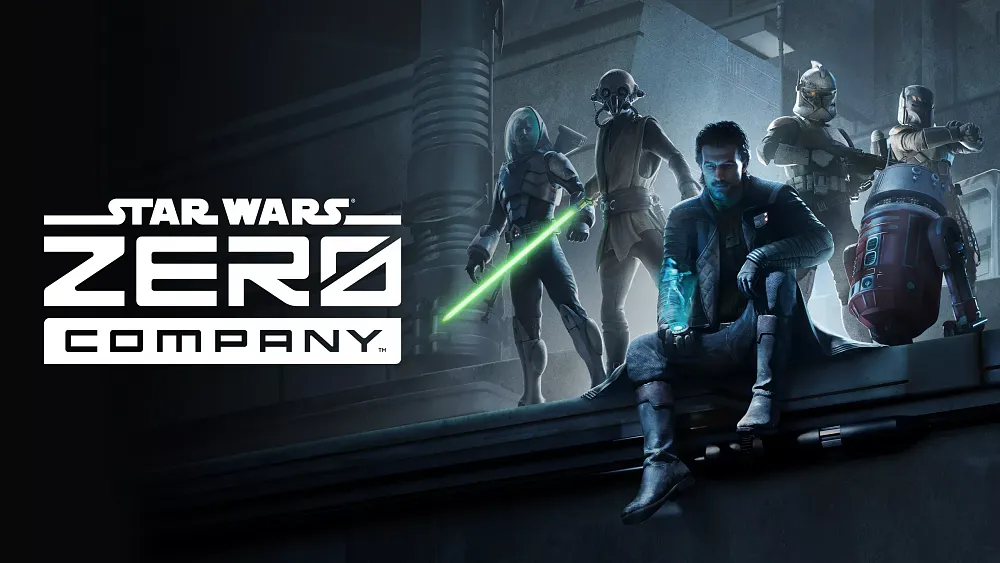 Title on the left, Star Wars Zero Company. On the right are a rag-tag group of people and robots from the Star Wars universe that make up Zero Company.