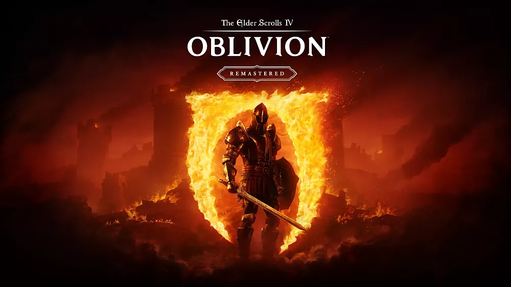A soldier standing in front of an Oblivion gate for the key art for The Elder Scrolls IV: Oblivion Remastered.