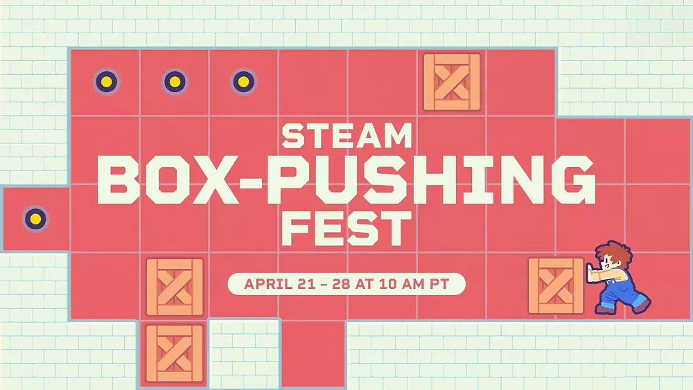 Promotion for the Steam Box-Pushing Fest from April 21-28, 2025 at 10am PT.