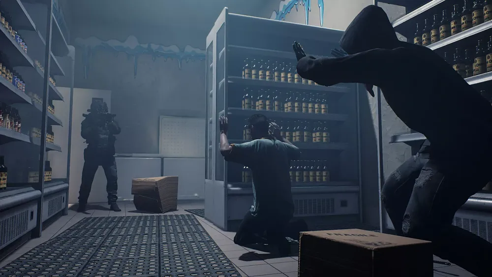 Screenshot showing a tactical forces member aiming at a surrendering robber.