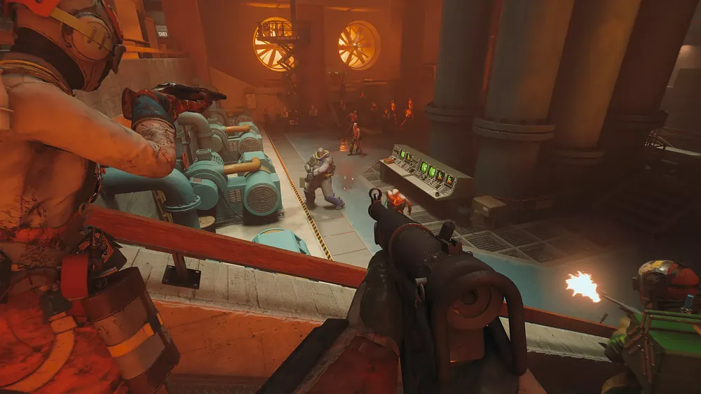 Screenshot from a co-op shooter where three players in makeshift hazard gear are taking aim at several paranormal enemies.