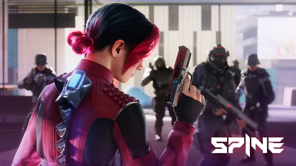 Artwork for the game Spine showing a young woman with pink and black hair, similarly colored clothing, holding a pistol, and with some sort of mechanical device attached to her spine.