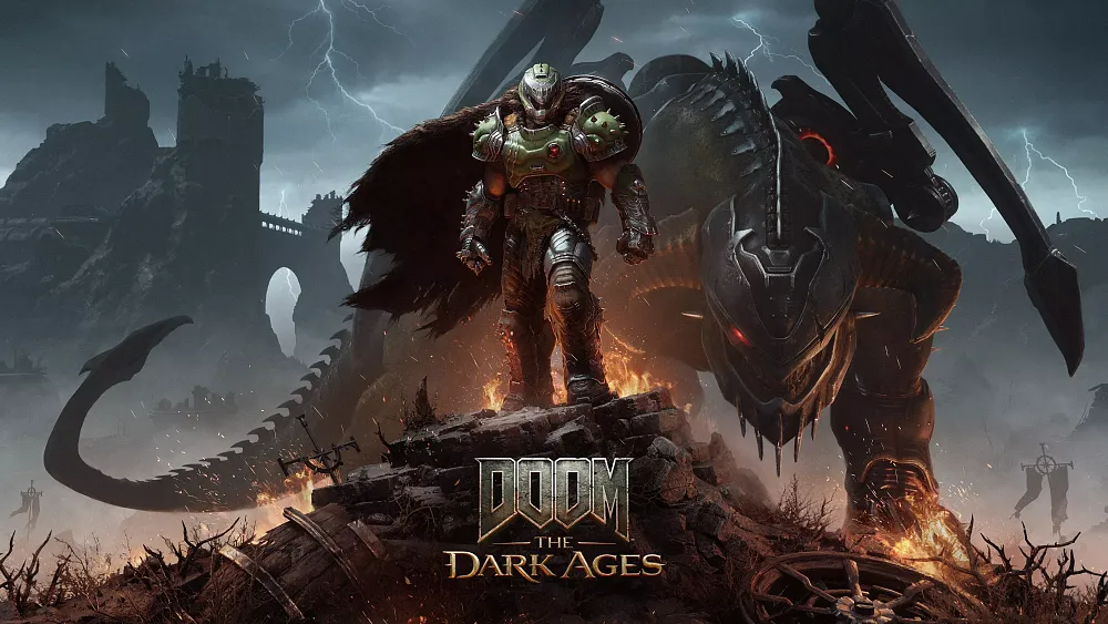 The DOOM Slayer posing in front of a large half-mechanical demon dragon in new artwork for DOOM: The Dark Ages.