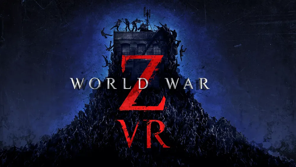 Key art visual showing the title, World War Z VR, with the image showing survivors battling atop a tall building as hundreds upon hundreds of zombies climb over each other to get to the top.