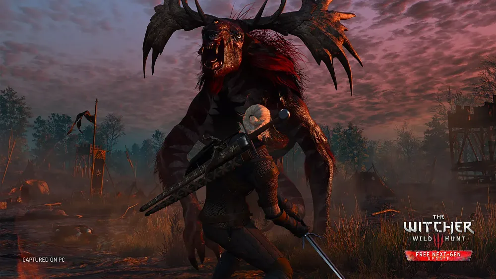 Geralt from The Witcher 3 taking on a large beast with his sword.