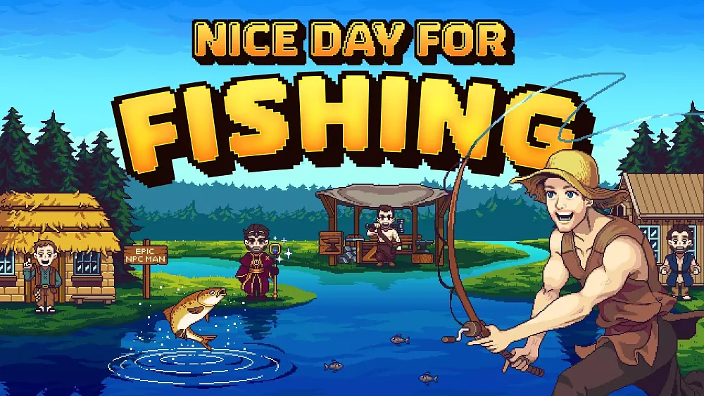 Title for Nice Day for Fishing featuring pixel art style graphics of people fishing near a lake and a wizard.