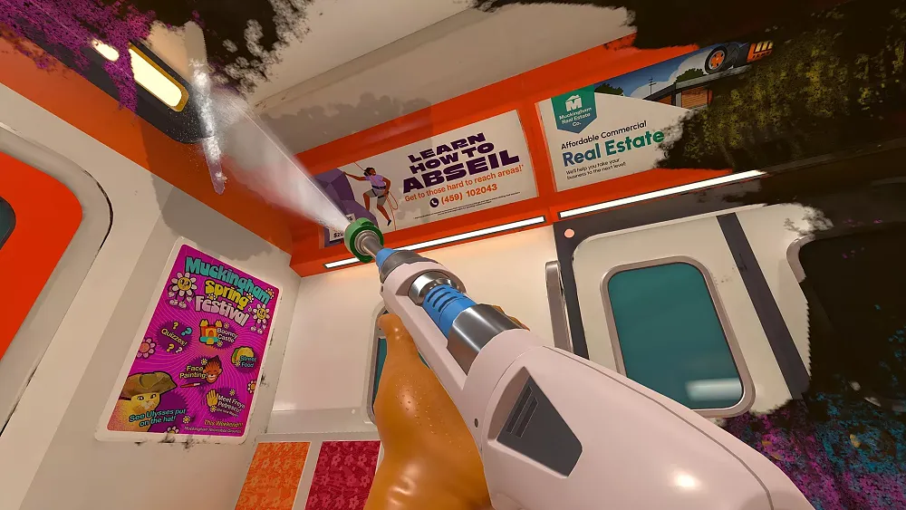 Screenshot from the last DLC for PowerWash Simulator showing someone powerwashing the inside of a subway car.