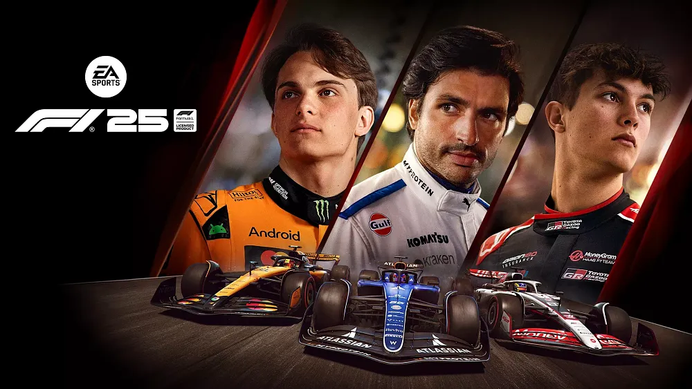 Art for F1 25 showing the title on the left, three F1 cars on the bottom right and above the cars three photos of different F1 drivers.