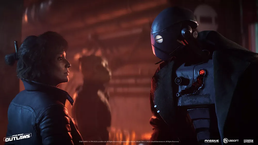 A human and robot stare at each other.