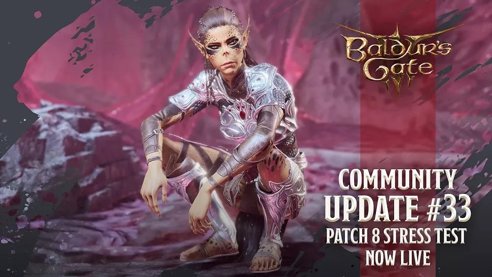 Art showing a lizard woman from Baldur's Gate 3 crouched down and looking at the camera. The words Baldur's Gate 3 appear. Community update #33. Patch 8 Stress Test Now Live.