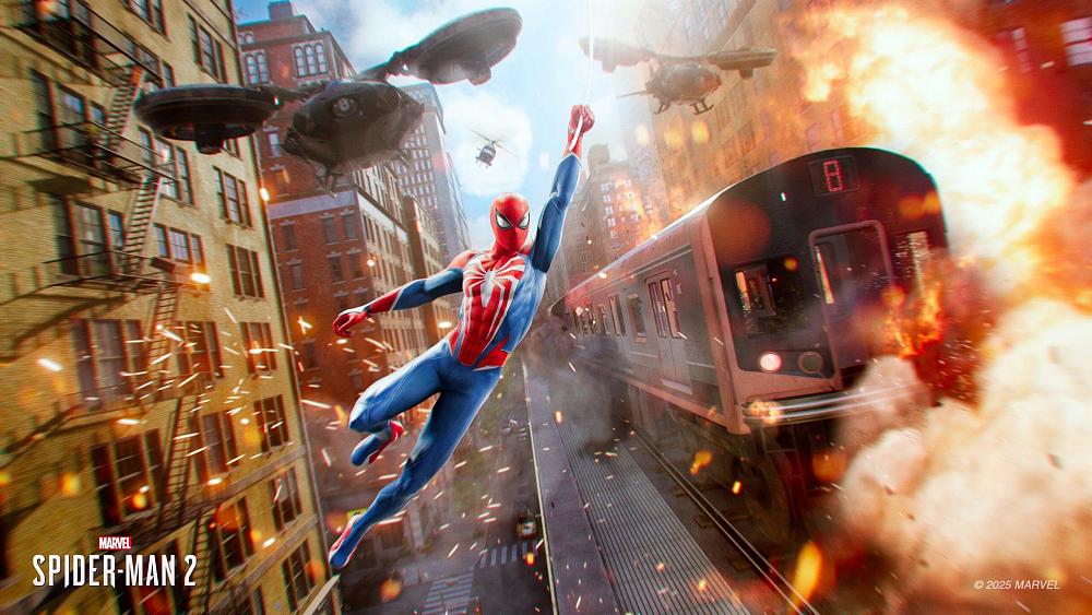Spider-Man swinging through New York City as drones and a helicopter give chase in the sky and an elevated train shoots out sparks and begins to derail next to Spider-Man.