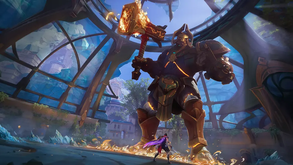 Key art for Eternal Strands. Shown is a normal human with a flowing purple cape standing before a giant stone and armored construct that is about to slam down a giant flaming hammer.