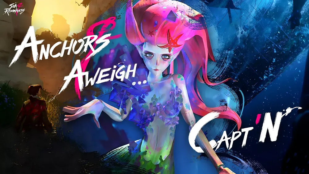 A doll-like mermaid with the words "anchors aweigh, capt'n."
