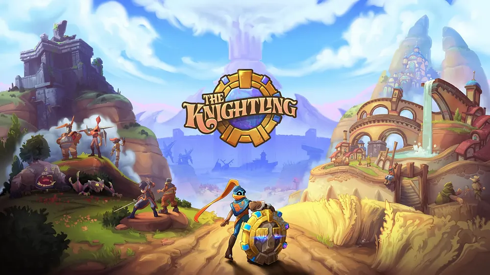 The image depicts a vibrant and detailed fantasy scene. At its center, there is a character in shining blue armor holding a large, glowing shield. The background features a mix of action and calm: on the left, soldiers and monsters gather near a rocky outcrop, while on the right, a peaceful village with a waterfall and charming buildings is visible. The image is titled "The Knightling," hinting at an adventurous and immersive fantasy story.