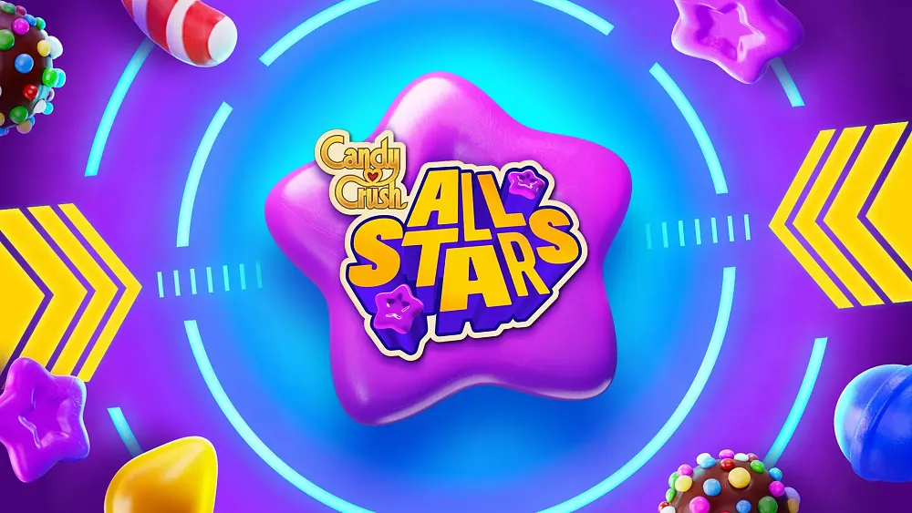 Promo art featuring colorful Candy Crush candies and images with a lot of blues, purples, and yellows. The text says Candy Crush All Stars in stylized lettering.