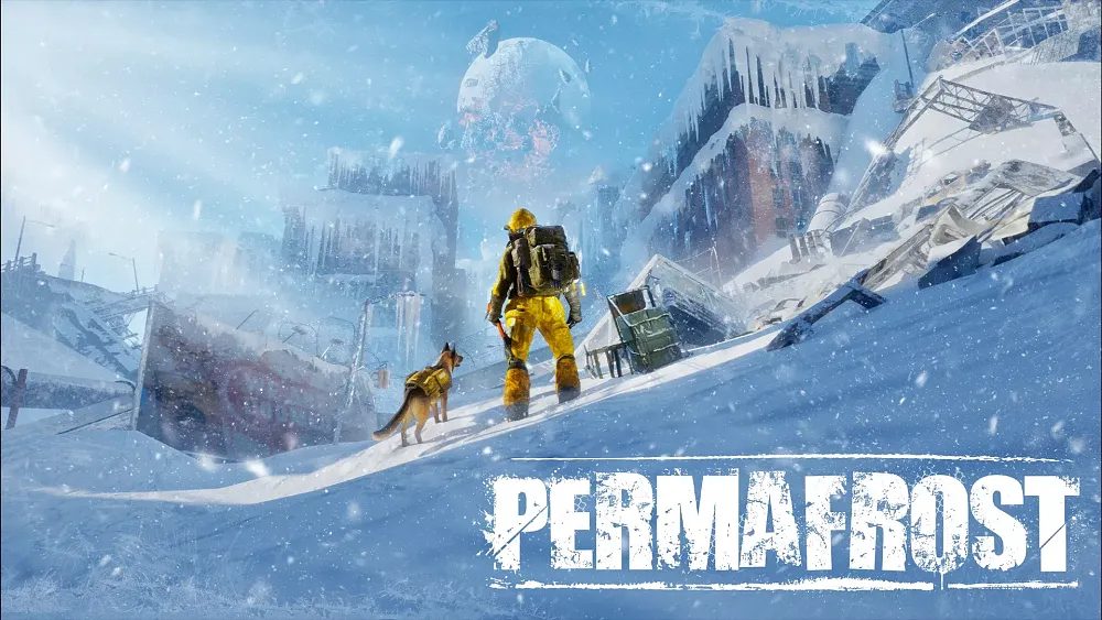 A man in a yellow snow suit stands next to a dog as they survey the ruins of the snow covered remains of a city. A partially destroyed Moon is seen in the background. The title, Permafrost, is seen in the bottom right corner.