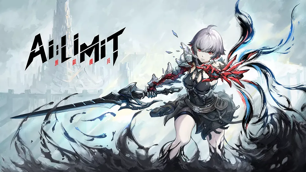 An anime girl with a black dress, white hair, and red eyes is brandishing a black sword and dashing towards the viewer. On the left is the logo for AI Limit.