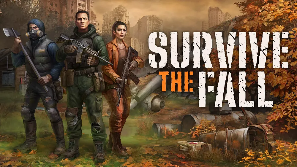 Three survivalists decked out in various survival gear and with various weapons such an axe and assault rifles, stand at the ready in an outdoor area during autumn. The words Survive the Fall are large and make up most of the right side of the image.