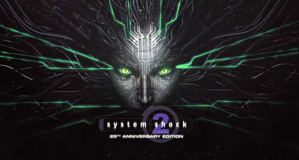 Key art for System Shock 2: 25th Anniversary Remaster featuring the face of Shodan.