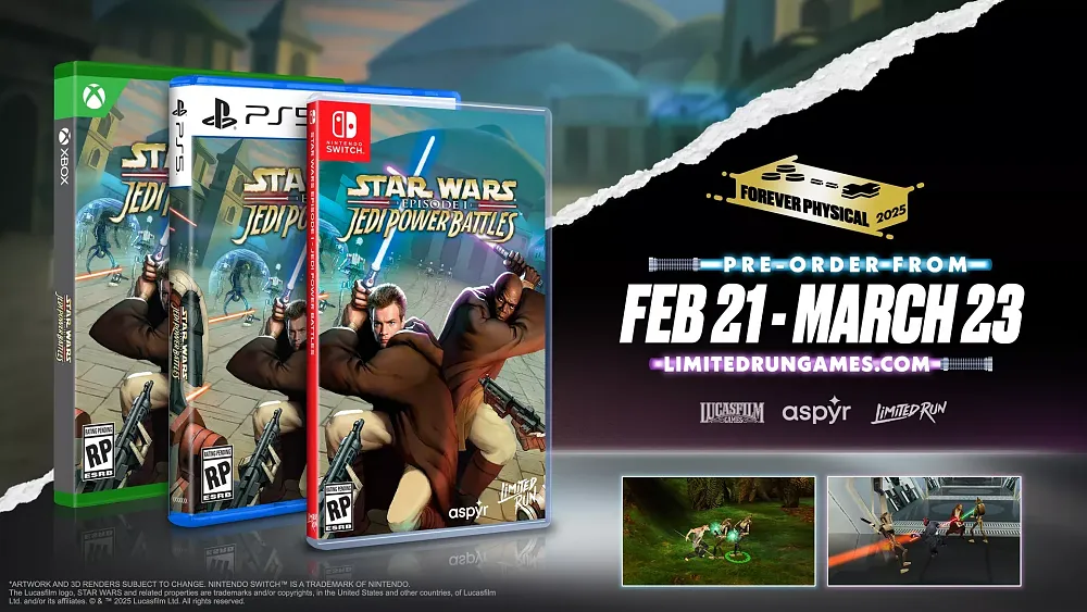 Three boxes for a physical release of Star Wars: Episode 1: Jedi Power Battles for Switch, Xbox, and PlayStation. On the right is a date range of Feb 21 - March 23 indicating the deadline to pre-order from Limited Run Games.