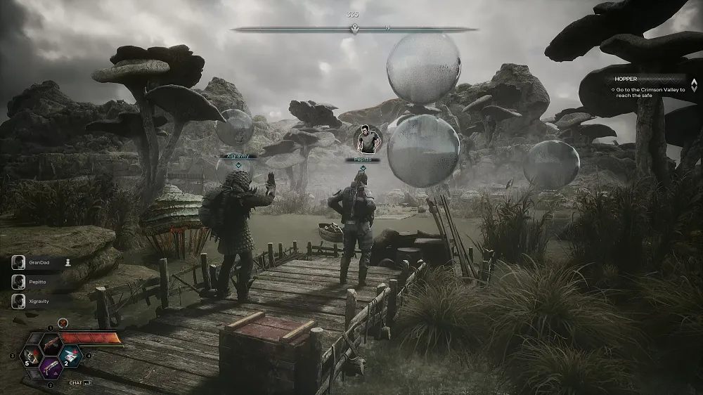 Two people in armor and possible anti-radiation gear, standing on a small boat dock. Large floating bubbles are floating in the air in front of them. The entire scene is set in a drab world where mushrooms grew taller than humans and grass is overgrown.