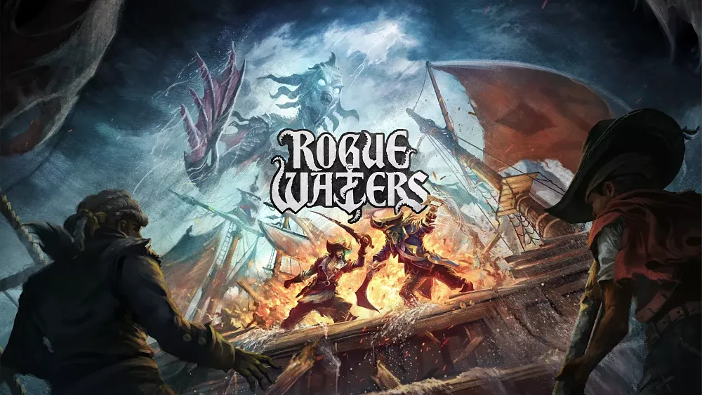 Title: Rogue Waters. Pirates on a boat in rough waters fighting with swords.