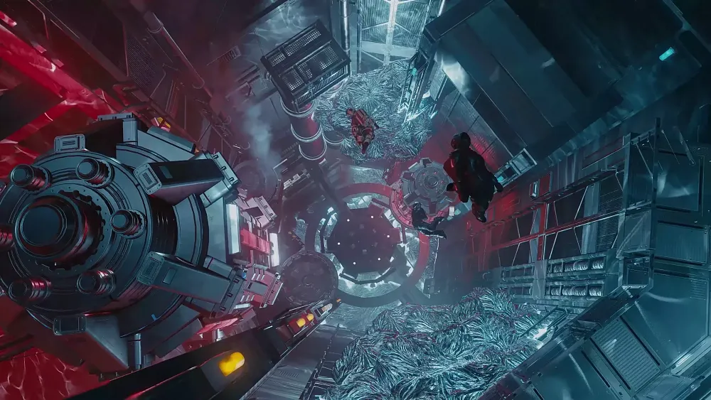 The inside of some cylindrical object in space with bodies floating around in zero gravity.