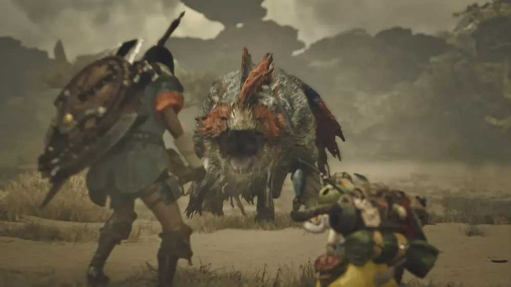 A person and their cat-like companion ready up to take on a big monster.