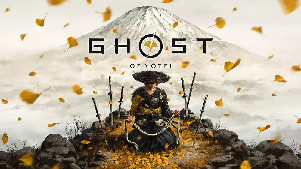 A woman samurai kneeling on a spot of land covered by yellow leaves. She is surrounded by swords stuck in the ground and she is holding a sash in her hands. A snowy mountain looms in the background.