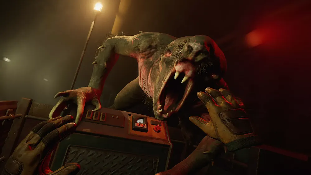 A creature growling very angrily at the player in first-person VR view.