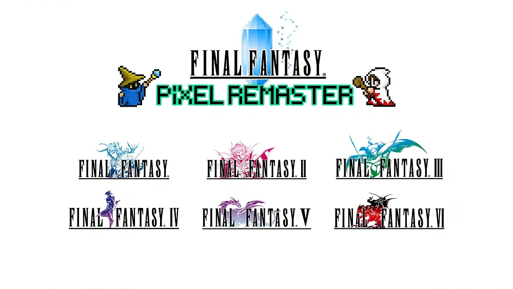Logos and titles for Final Fantasy 1 through Final Fantasy 6.