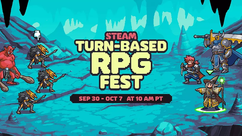 Promo art for the Steam Turn-Based RPG Fest running from September 30 at 10AM PT to October 7 at 10AM PT.