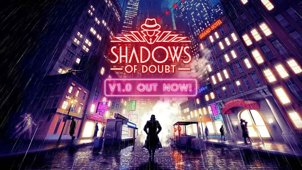 Image from a voxel game with a dark, moody city and the title, Shadows of Doubt, and words saying that the 1.0 release is out now.