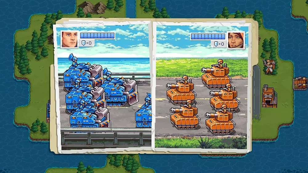 Pixel art game showing stylized characters and war vehicles facing off against each other. One side is blue, the other is orange.