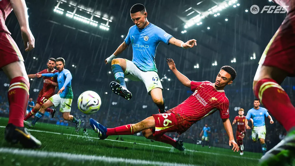 A soccer player slide tackling trying to get the ball from an opposing player as two teams play in the rain.