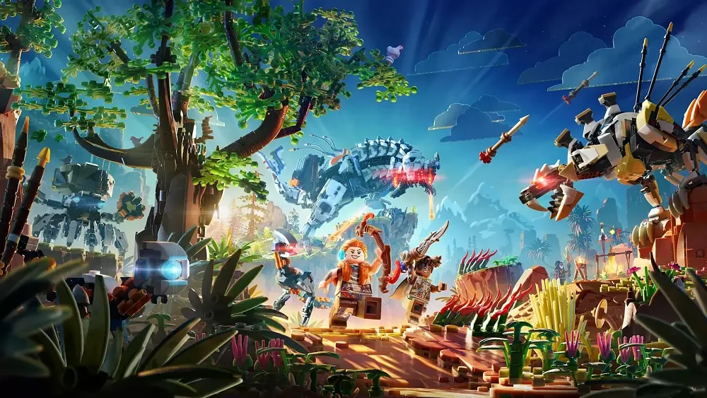 An image showing all sorts of characters and mechanical dinosaurs all in a LEGO design and LEGO aesthetic.
