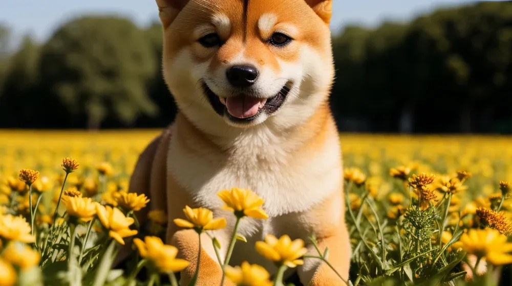 A cute render of a cute Shiba puppy being cute in a field of yellow flowers.