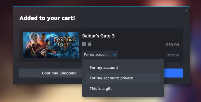 Steam Client Beta private game purchase image.